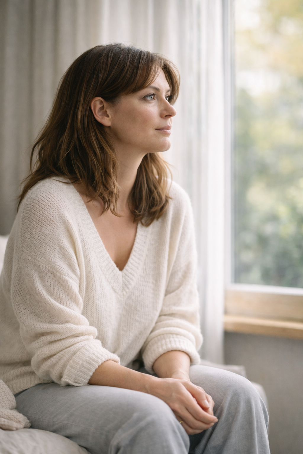 Femme assise dans une posture de protection, lumière douce, ambiance rassurante.
