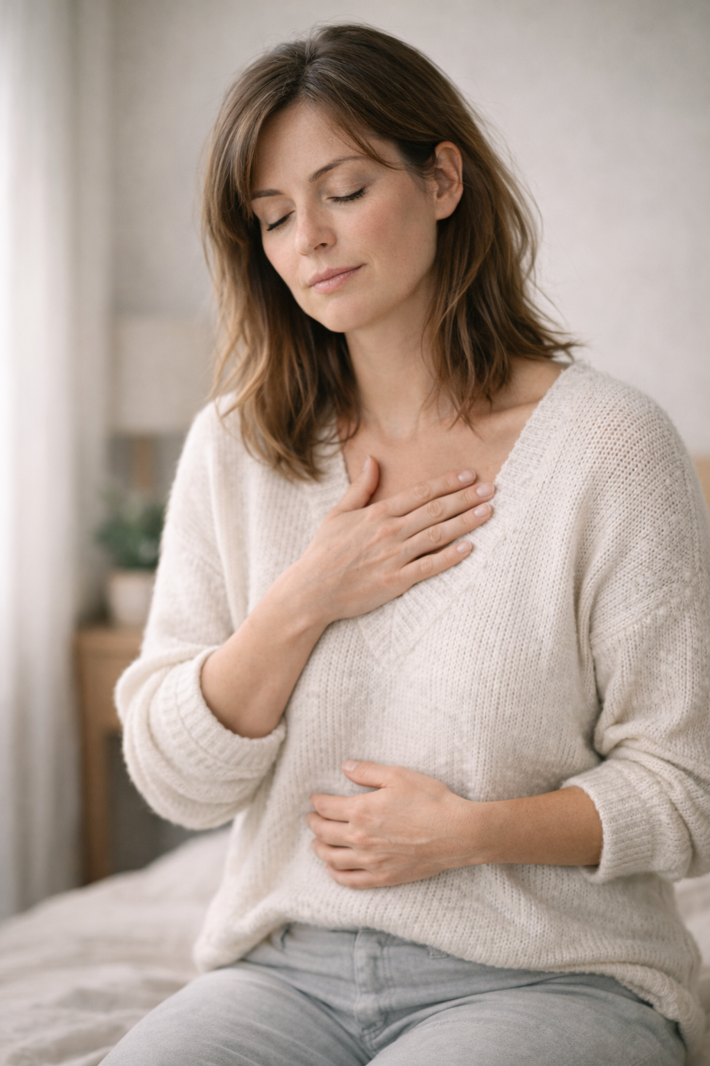 Femme se recentrant sur sa respiration, une main sur la poitrine et une sur le ventre, lumière naturelle.