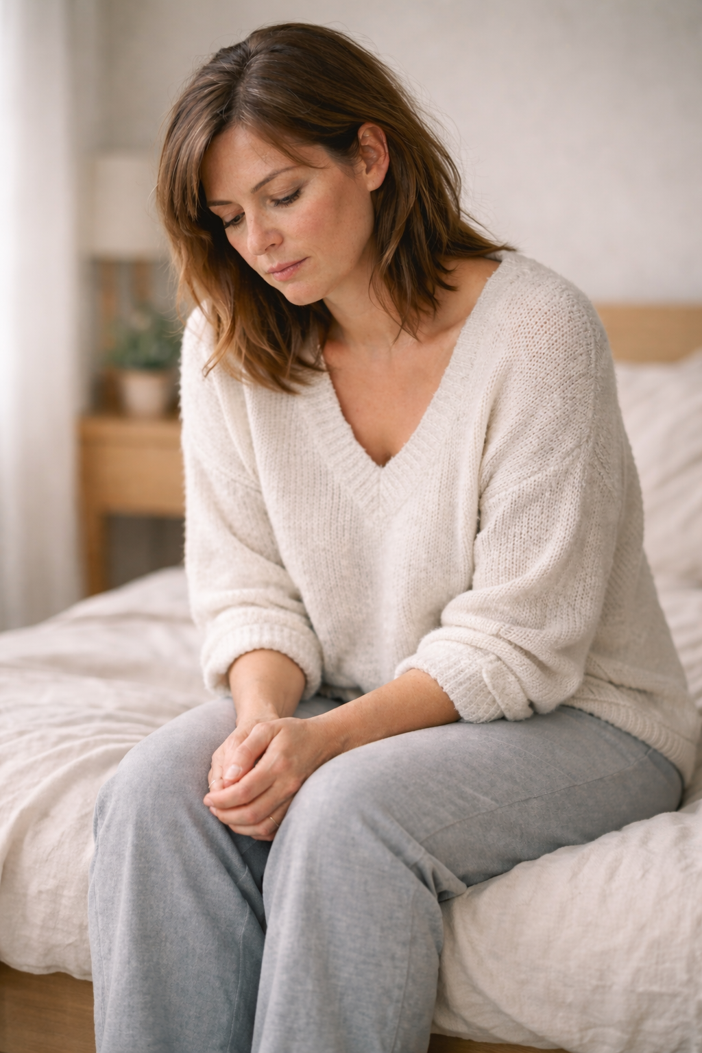 Femme près d'une fenêtre, expression calme et plus ouverte, lumière douce et apaisante.